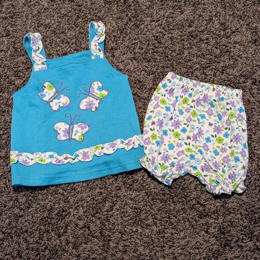 Butterfly Print Blue Top and Floral Shorts Set